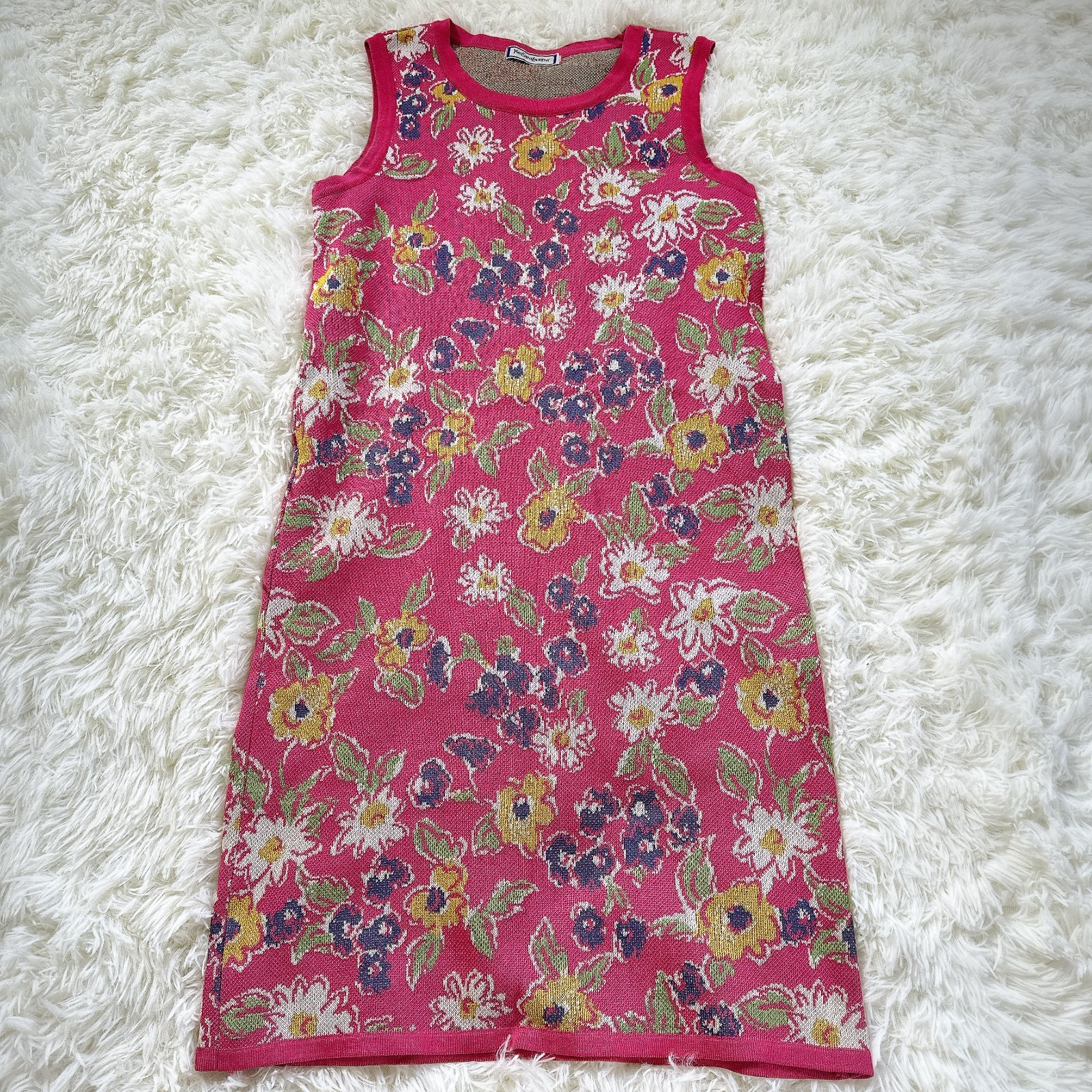 Vintage Yves Saint Laurent Paris Floral Knit Dress Cardigan Set Pink M