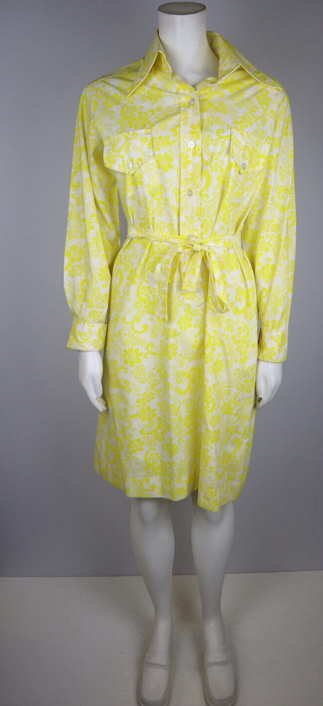 VINTAGE 1970s WOMEN’S CANARY YELLOW PRINT LONG SLEEVE SHIRT DRESS – HOBNOBBER –