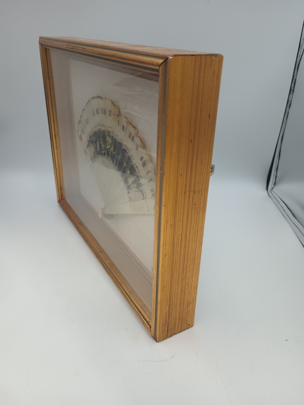 Antique 19th Carved Bone Folding Fan – Hand Painted–Original Fabric- Framed