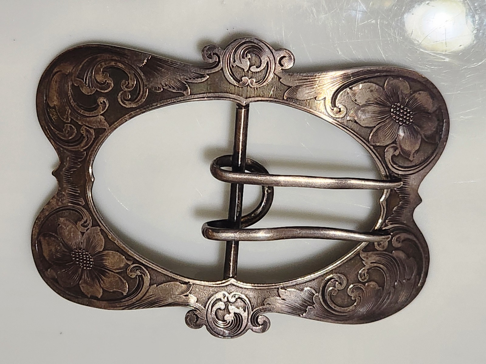 Sterling Art Nouveau Floral Etched Sash Buckle 3.75″ x 2.75″ 46.3g