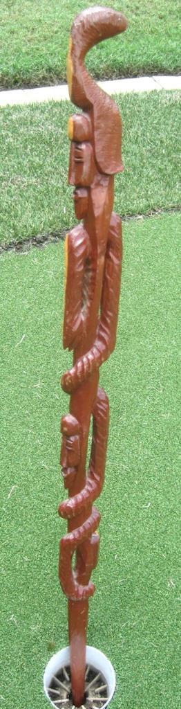 Carved Hardwood Walking Stick Cane African Tribal Faces Snake 2 Tones 40 inches