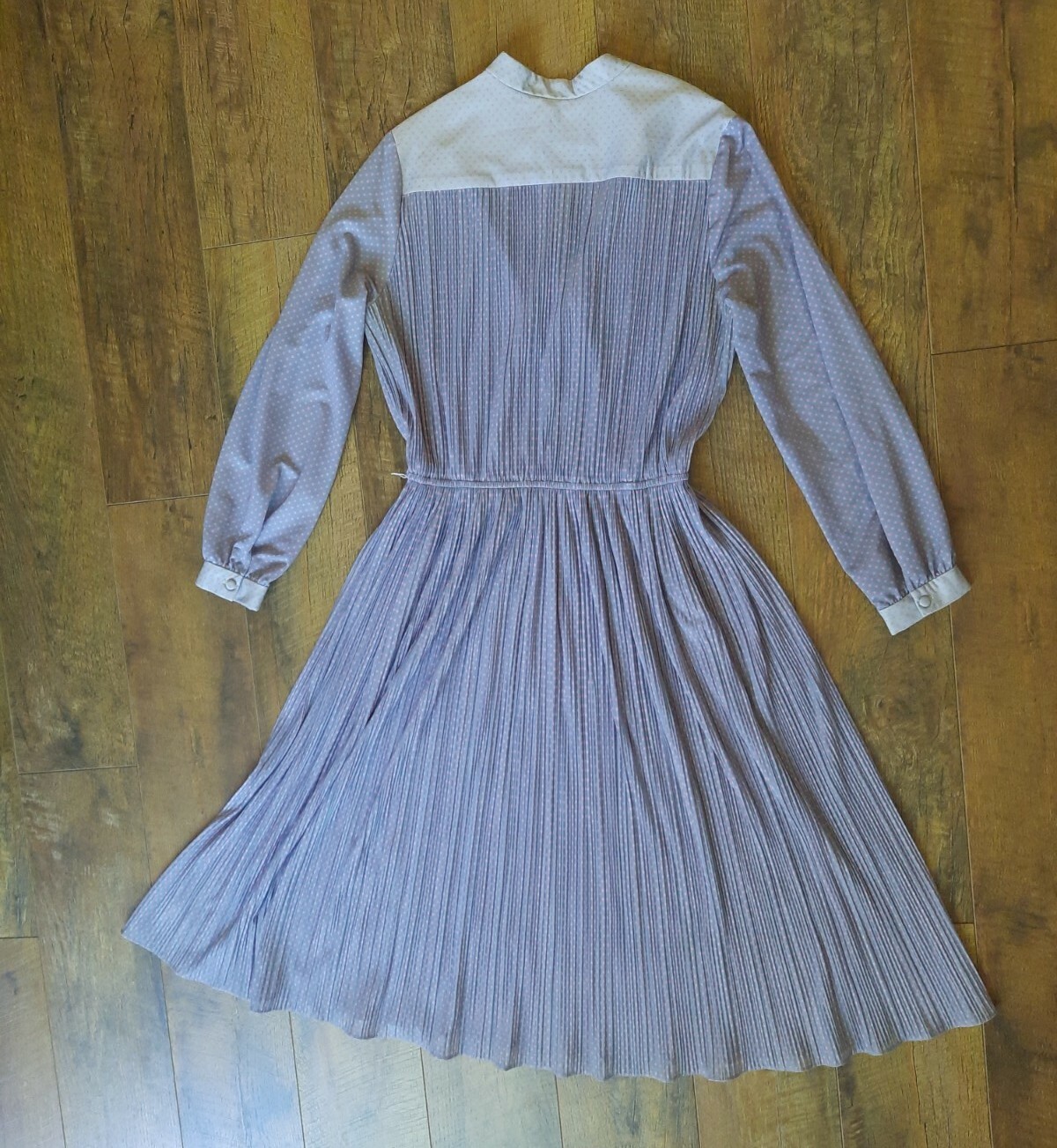 VTG Hal Ferman Midi Dress Women Size M Long Sleeve Gray Pink Polka Dots Pleated