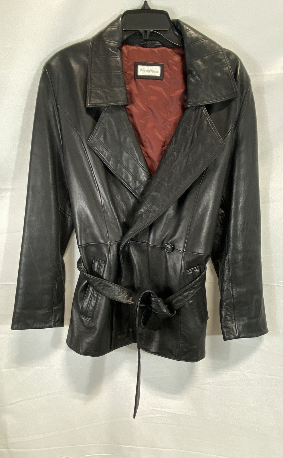 Vittorio Veroni Women’s Black Lambskin Leather Belted Trench Coat Jacket Vintage