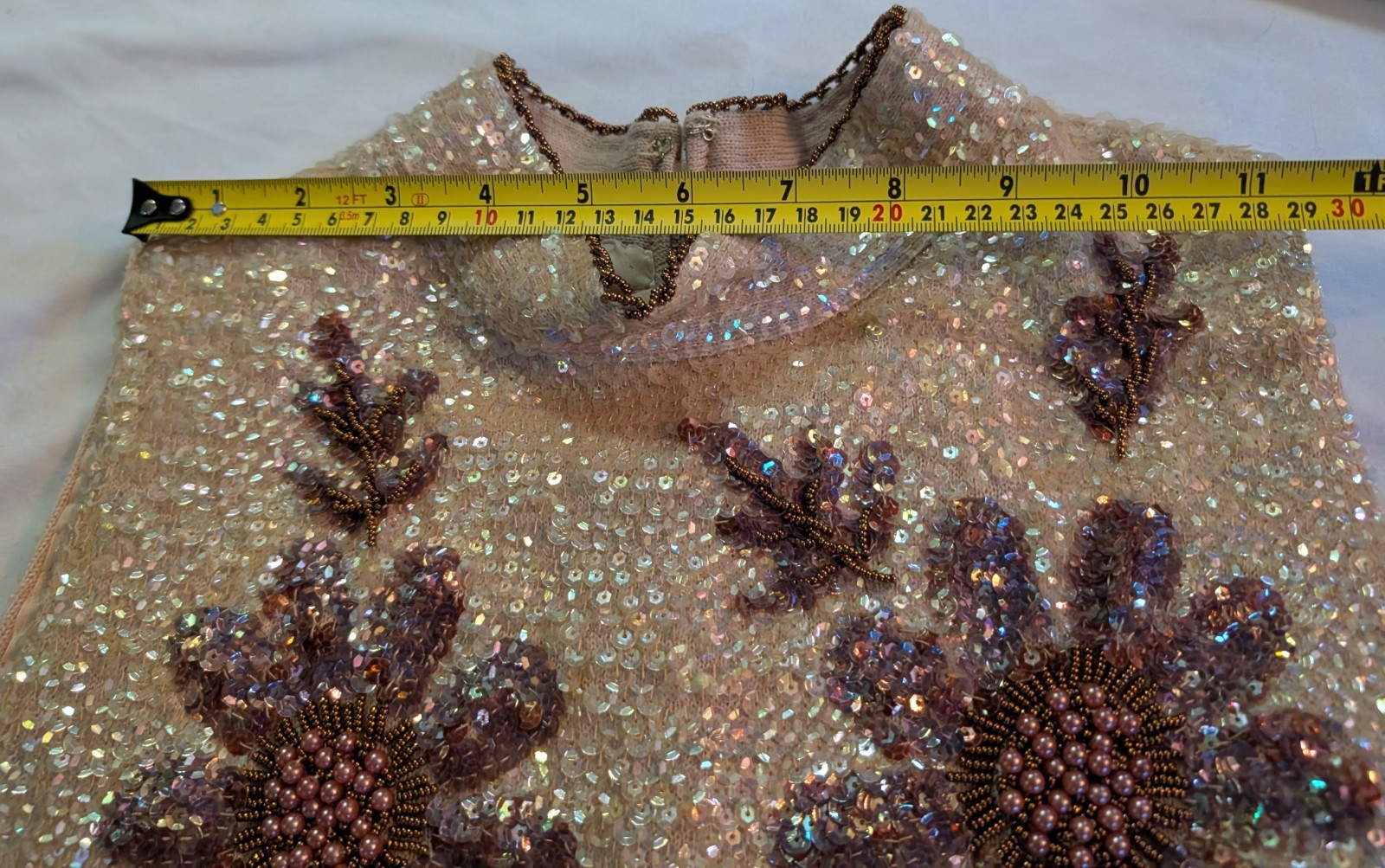 Valentina VTG Women Formal Top High Neck Sz L Sequin Dense Floral Beadwork 50s
