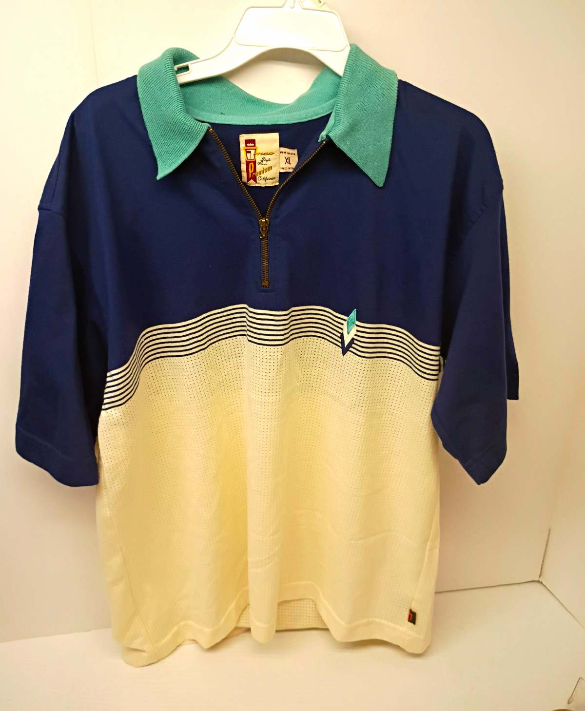 JNCO VTG Men’s XL Cotton Short Sleeve Half Zip Striped Polo Blue Green White