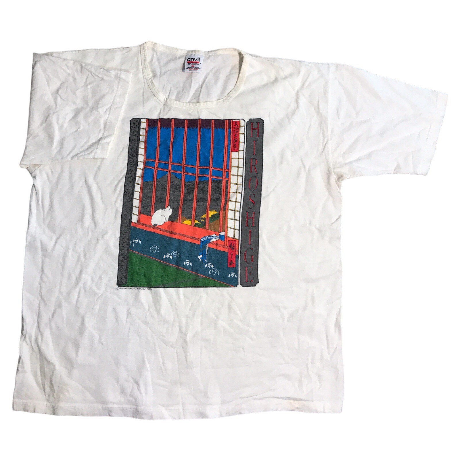Vtg Utagawa Hiroshige Wildwood Productions TShirt 1987 Off-White Print Flaw XL