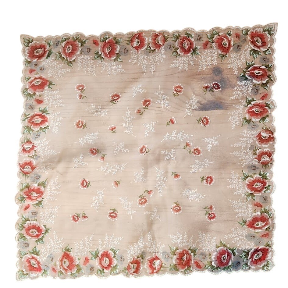 Vintage Floral Sheer Handkerchief Cottagecore Rose Print Scarf Hanky Square 13in