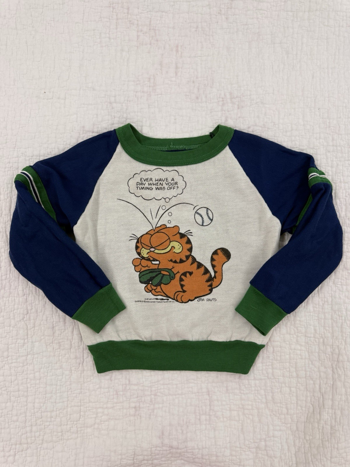 Vintage 1970s Garfield Kids Unisex Raglan Long Sleeve Sweatshirt 28″ Chest