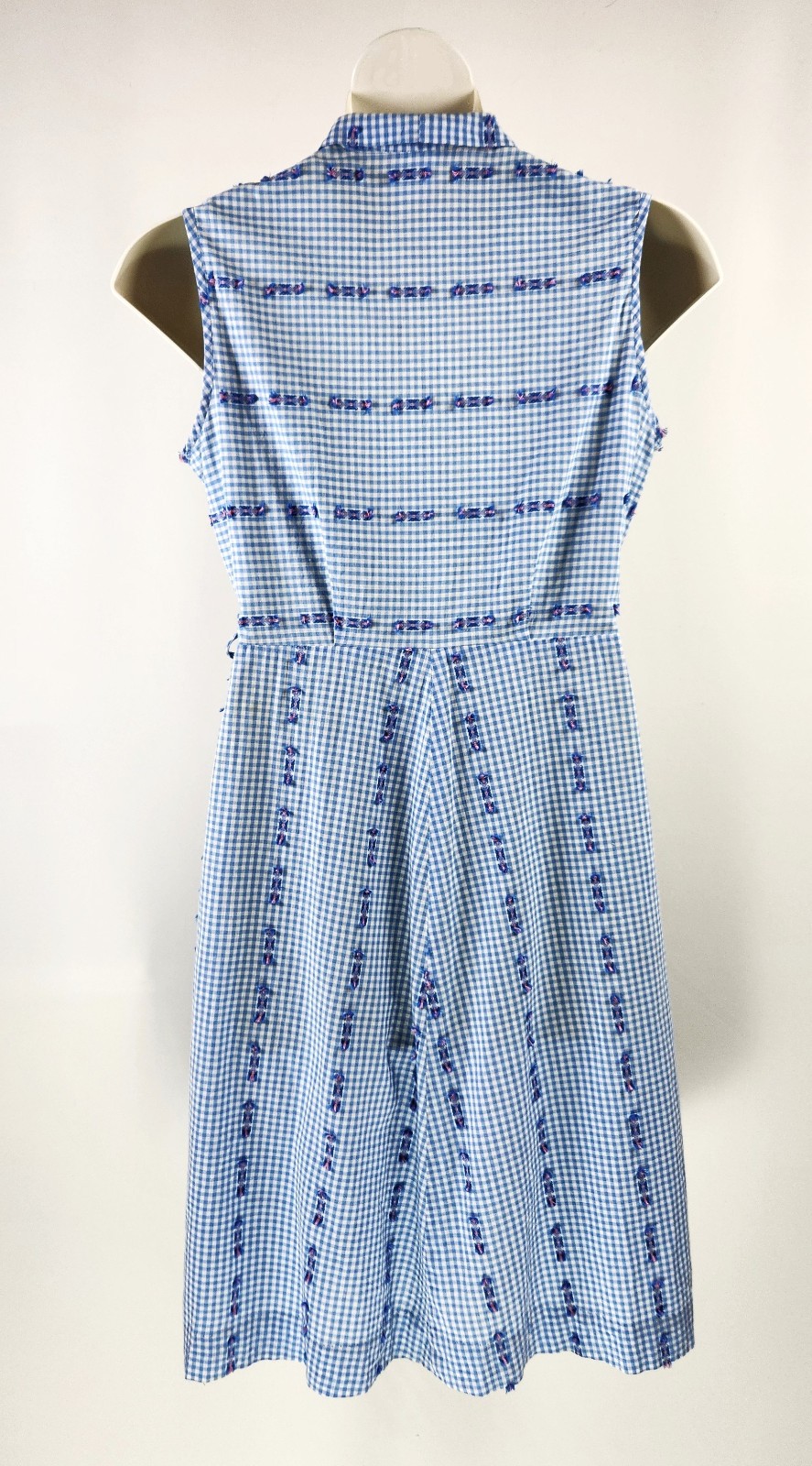 VTG 50S 60S SMALL Blue Gingham EMBROIDERED pink STRIPE ~house day work sun DRESS