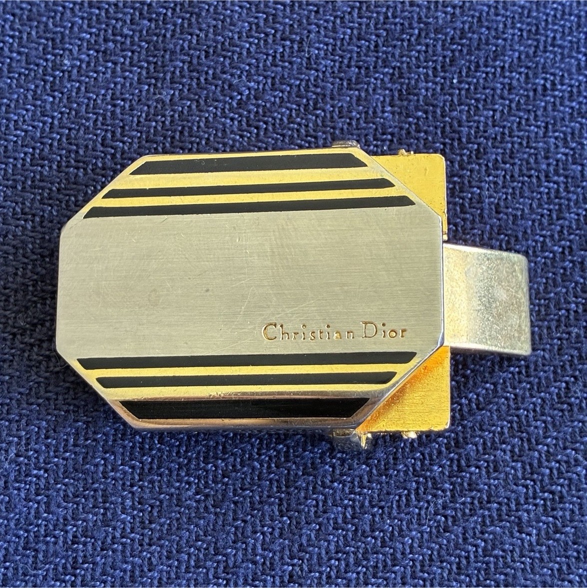 Christian Dior Art Deco Gold Tone Metal Belt Buckle w/ Black Stripes