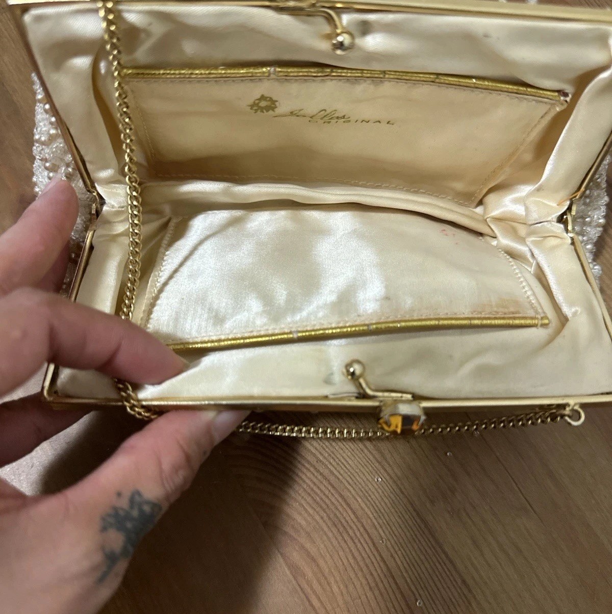 Vintage 1950s Jolles White and Cream Beaded Clutch w/ Gold Strap & Yellow Stones
