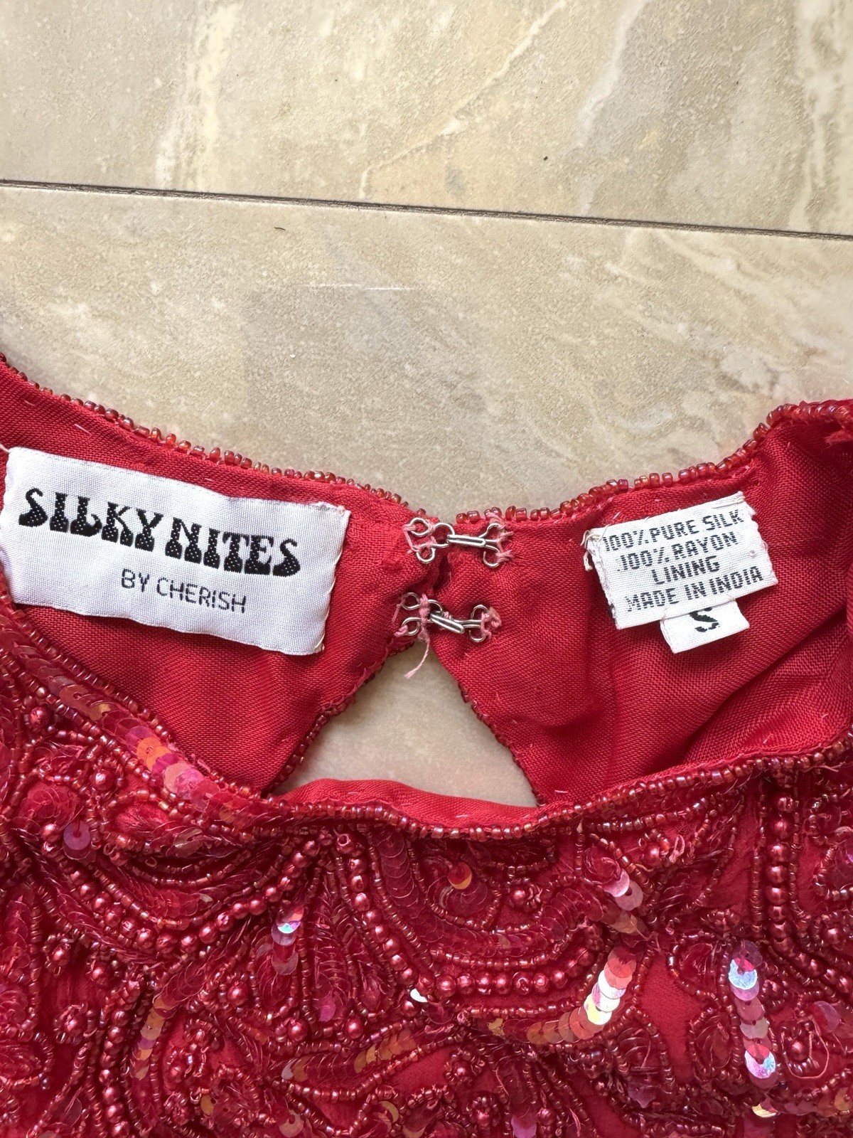 Silky Nites Cherish Red Dress Romantic Heavy Beads Silk Glittery Sexy Glam 80’s
