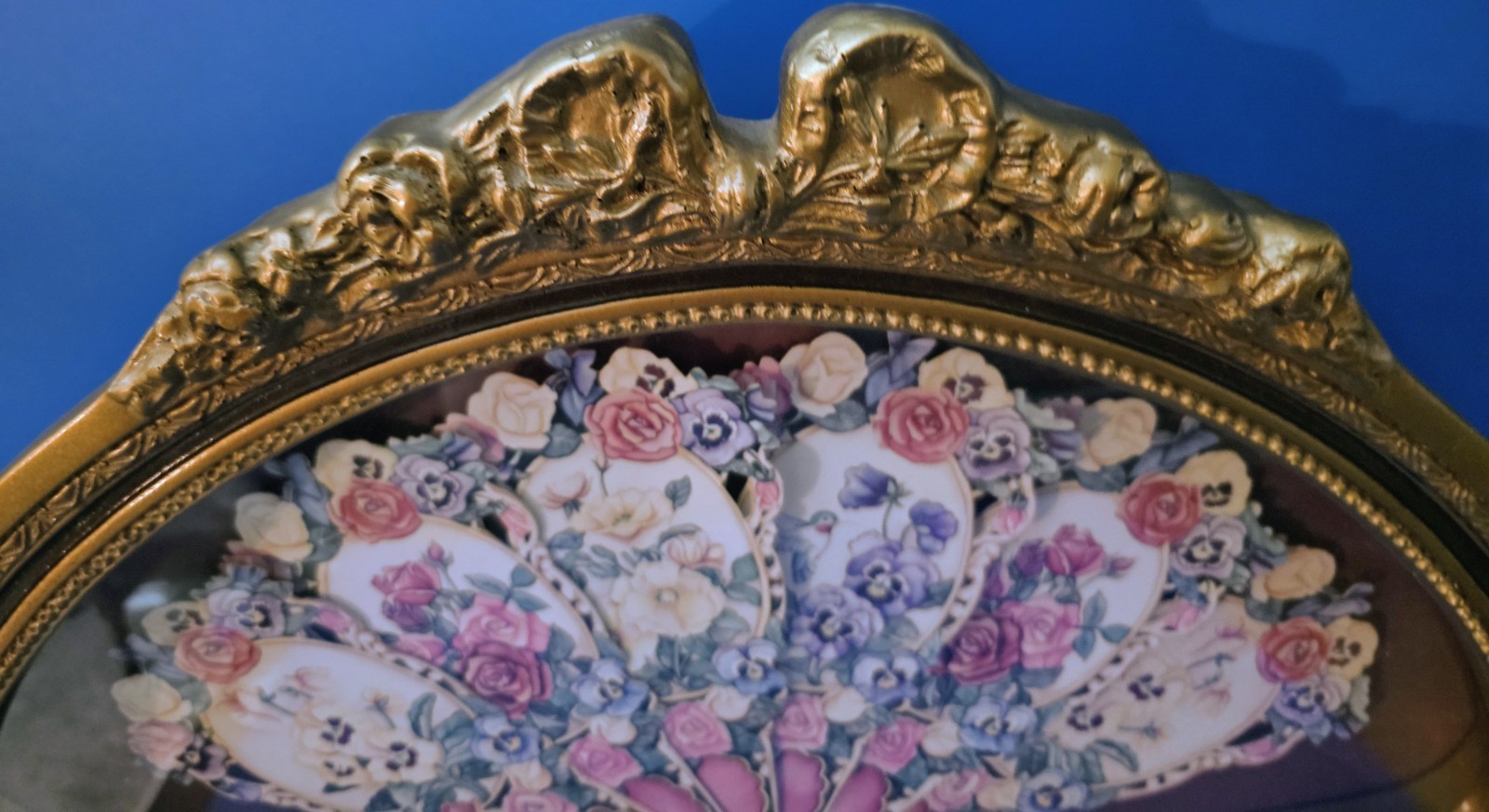 Vintage Paper Fan Framed Gold Plastic Shadow Box Victorian Style Pink Flowers
