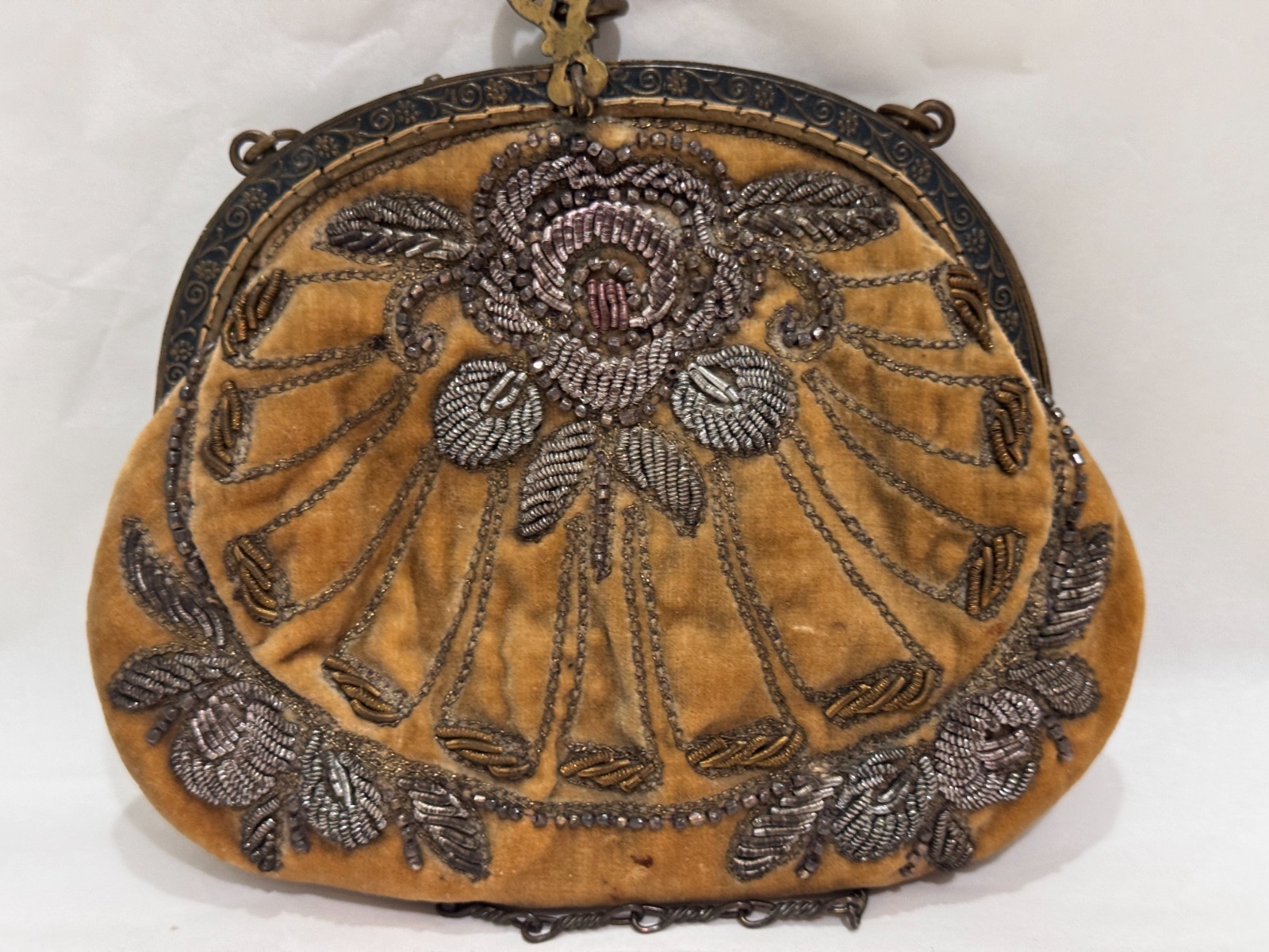 Antique 1920s German Steel Beaded Velvet Purse Ornate Brass Frame Art Nouveau