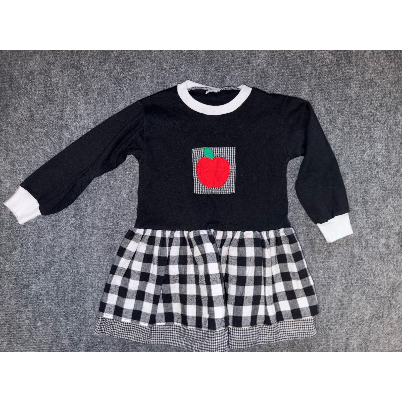 Vintage girls Black Buffalo Check Apple Applique Long Sleeve Dress Schoolhouse