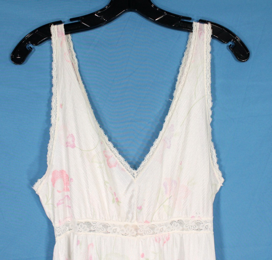 VTG VAL MODE Smooth NYLON White PINK FLORAL Tie Key-Hole LOUNGE Nightgown Sz M