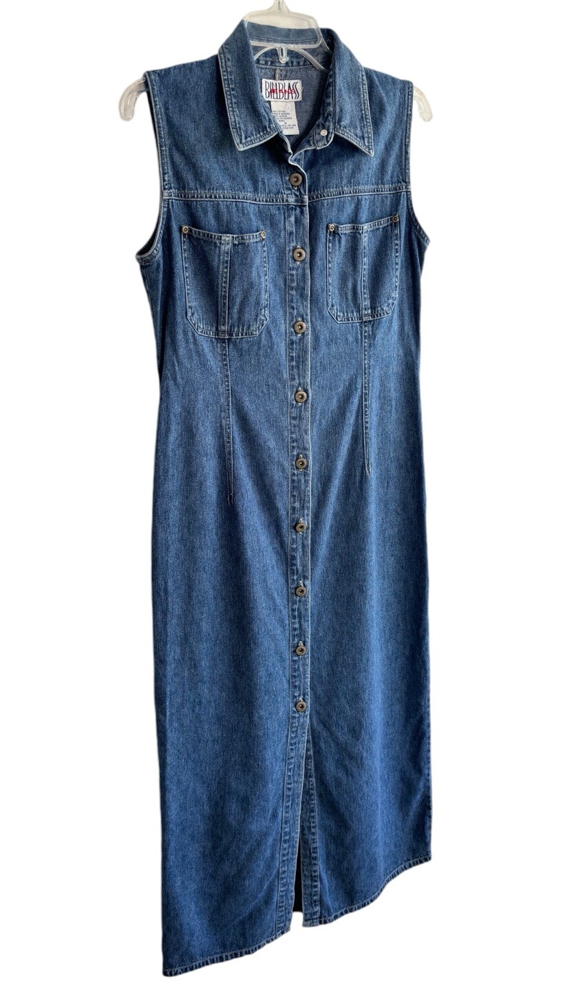 VTG Bill Blass Womens Denim Dress Medium Jumper Sleeveless Maxi Cottagecore 90s