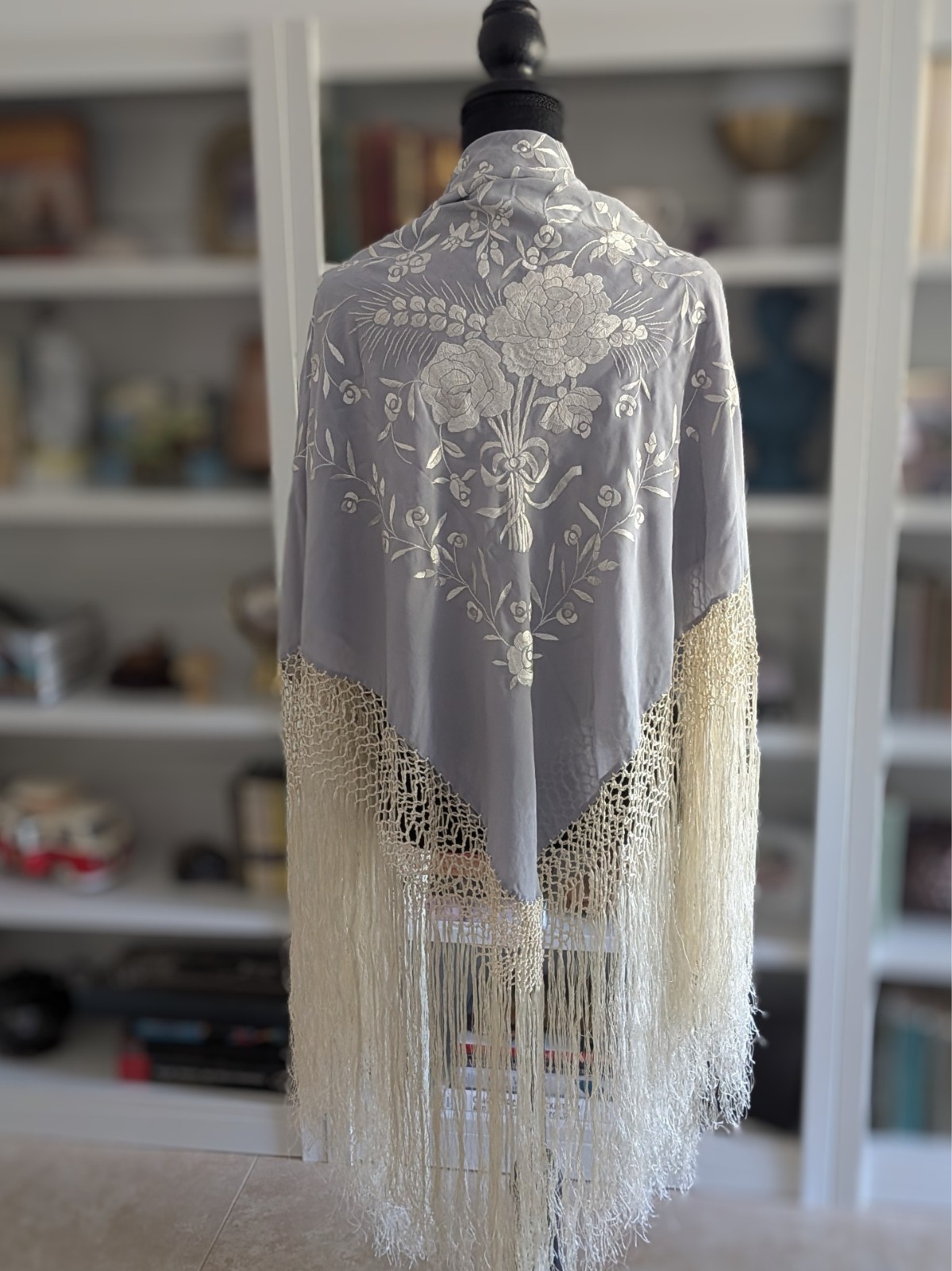 Vintage Hand-Embroidered Spanish Silk Wrap/Piano Shawl-Dove Gray and Cream