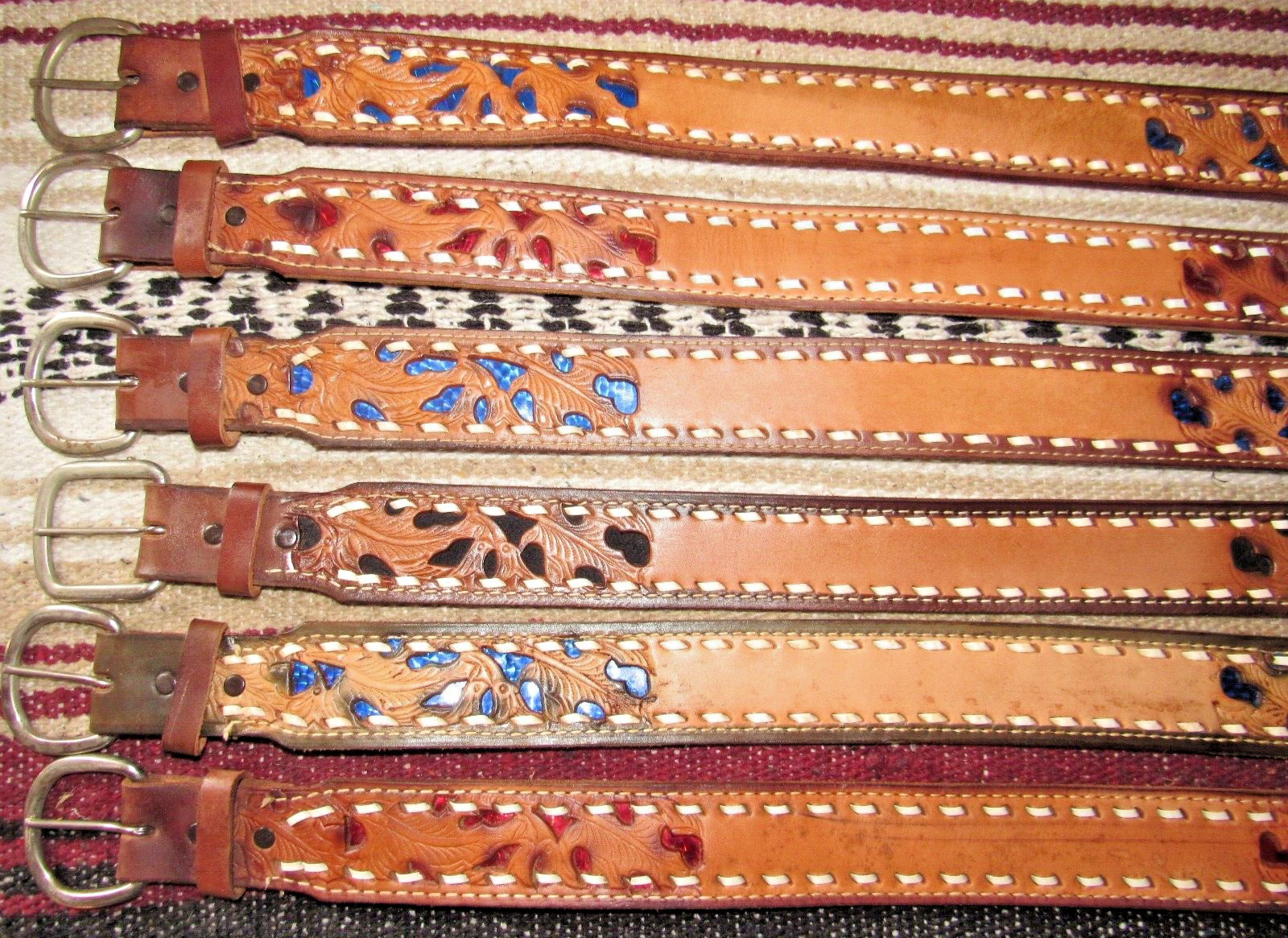 Vintage Western C&M Co Buckstitch Inlay Leather Belts 6 pc Size 28 NEW
