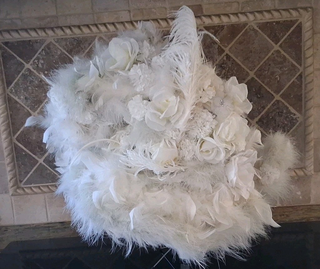 Vtg White Rose & Carnation w/ Feather Oblong Hat 23″ Long 16″ Across 14″ Tall
