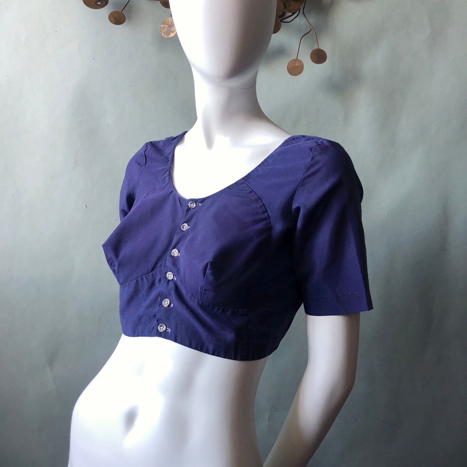 Vintage 1950s Blue Crop Top Playsuit Top Busty Midriff Sexy Rockabilly 38 Bust