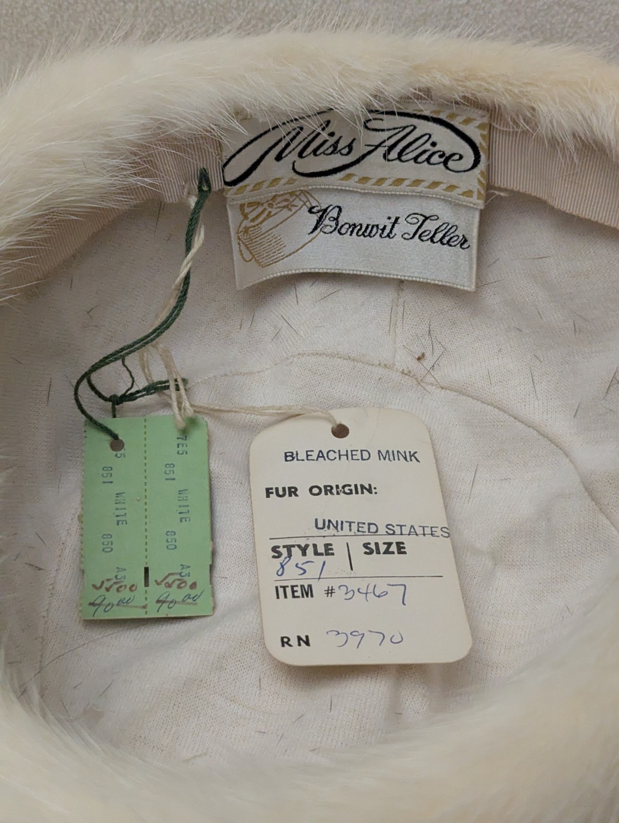 Miss Alice Bonwit Teller Genuine Bleached Mink Fur Pillbox Hat-w Tags Vintage