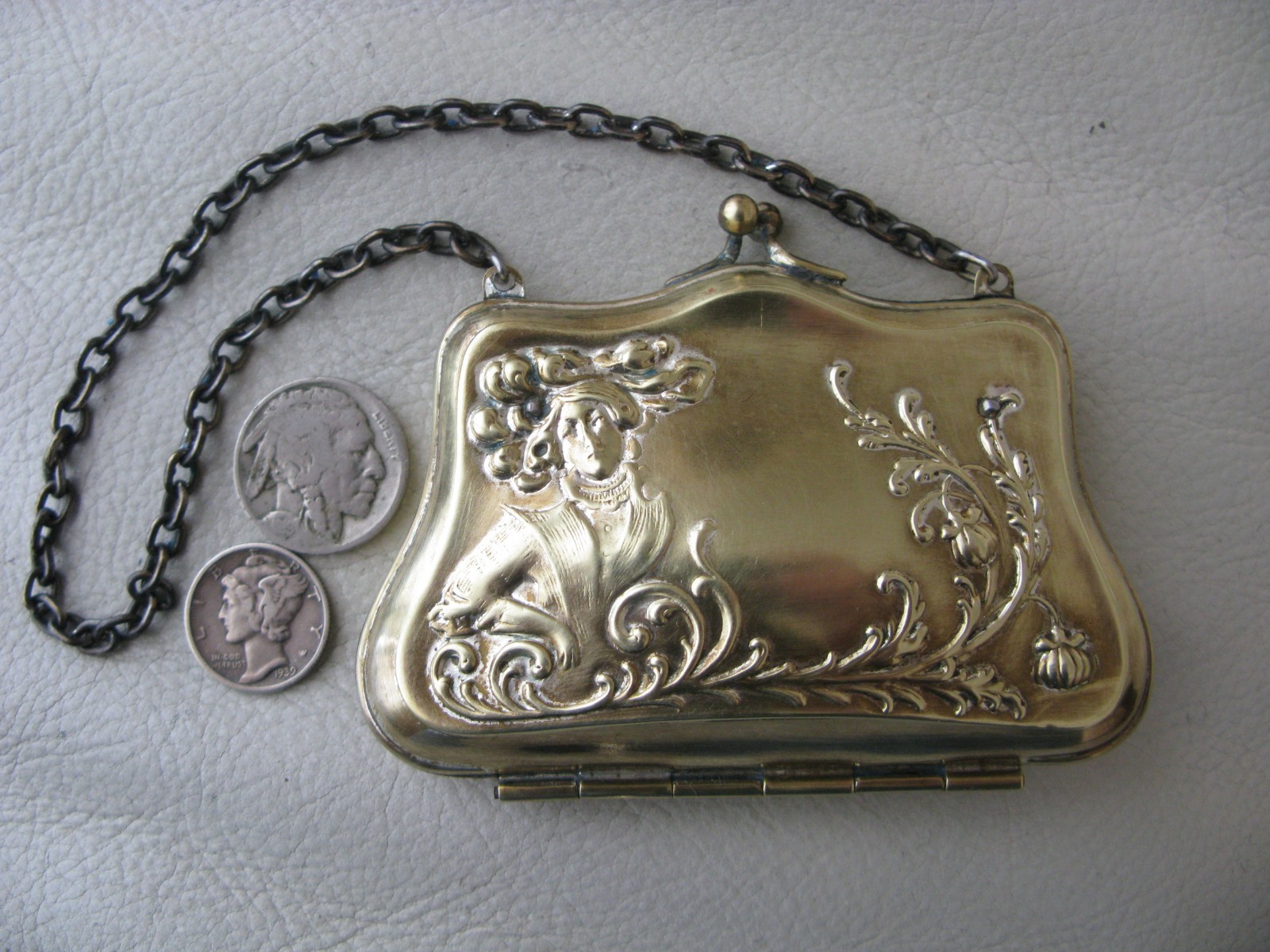 Antique Art Nouveau Woman Silver Metal Floral Lilly Blue Lining Card Case Purse