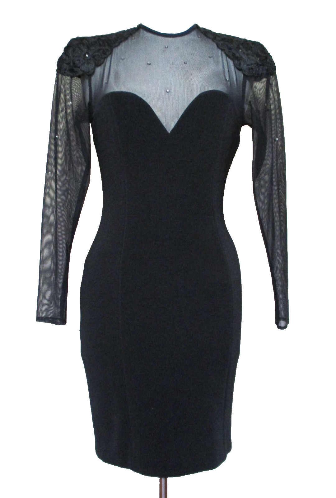 Vtg 80s HW Collection Black Bodycon Dress S Women Crystal Studded Illusion Top