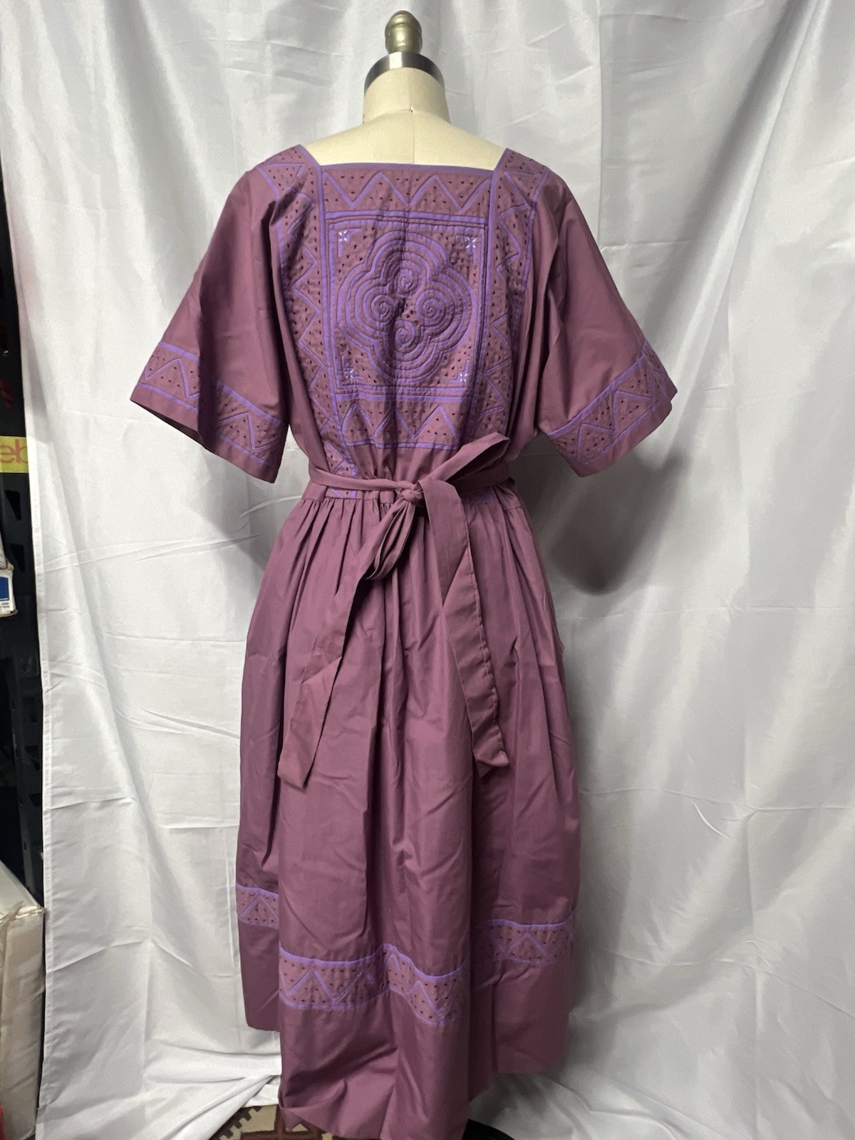 Vintage Folk Art 70s Dress Purple Quilted Tie Waist Maxi Midi Boho Caftan Cotton