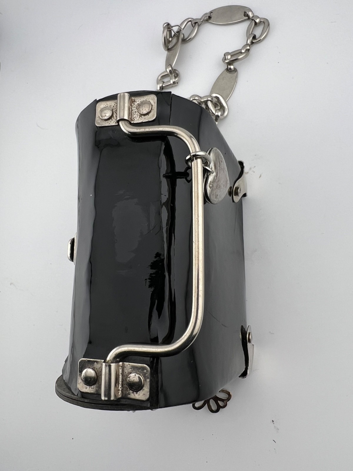 Vtg Hardcase Trunk Bag Black Patent Silver Heavy Chain Locket Heart Purse USA