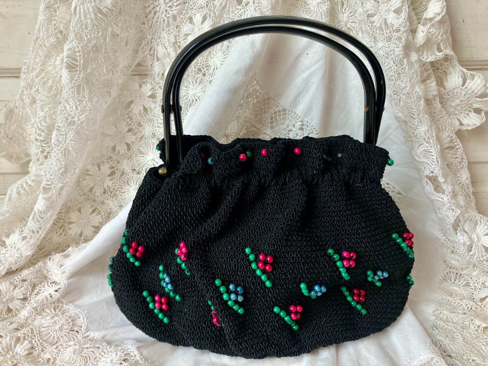 VTG Black Crocheted Purse Wooden Red Beads Top Handle Small Knitting Bag Style