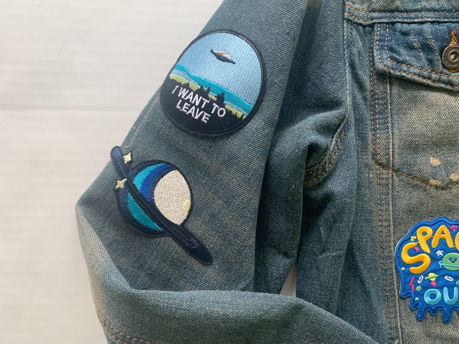Vintage Y2K Space Denim Jacket UFO Alien Patches Pins 90s Grunge Sz XS/S