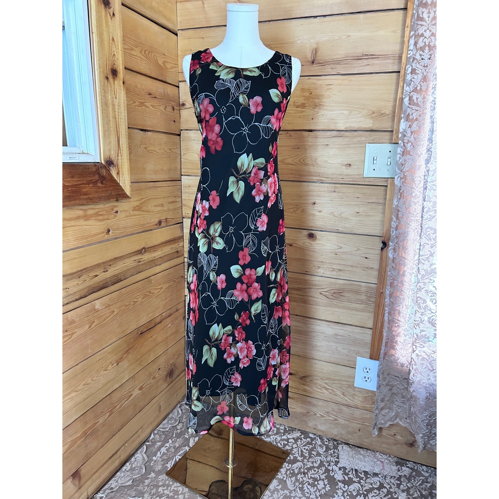 Vintage Slip Dress Womens 8 Petite Black Floral Mesh Whimsigoth Maxi Miss Dorby