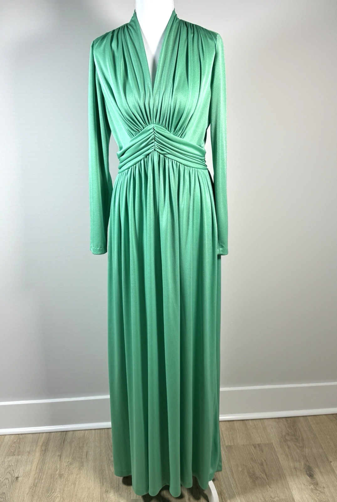 Vintage Miss Elliette Green Maxi Dress Ruched Empire Waist 70s Long Sleeve Sz 12