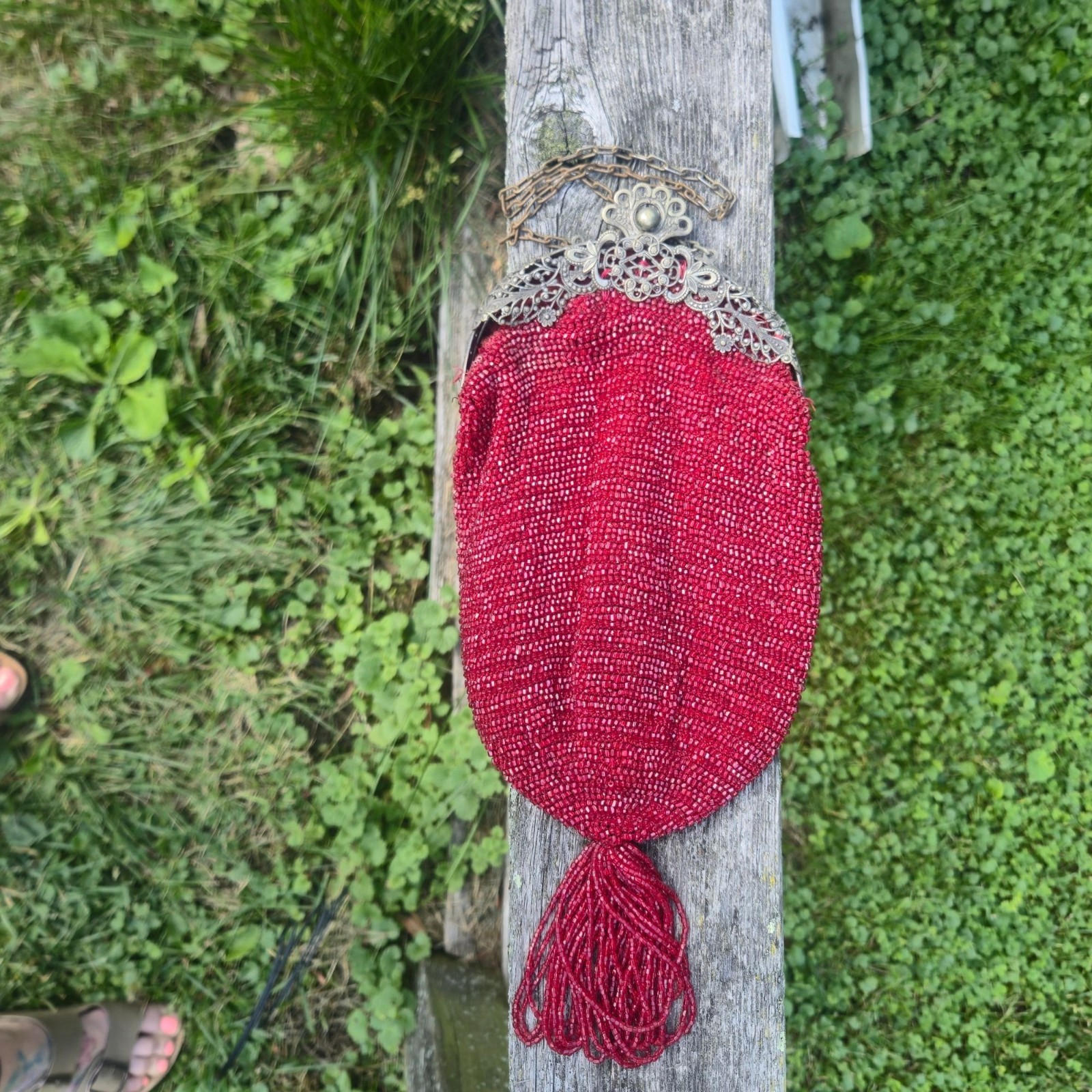 Antique Red Beaded Pouch Purse Ornate Brass Filigree Kiss Lock Reticule Tassel B