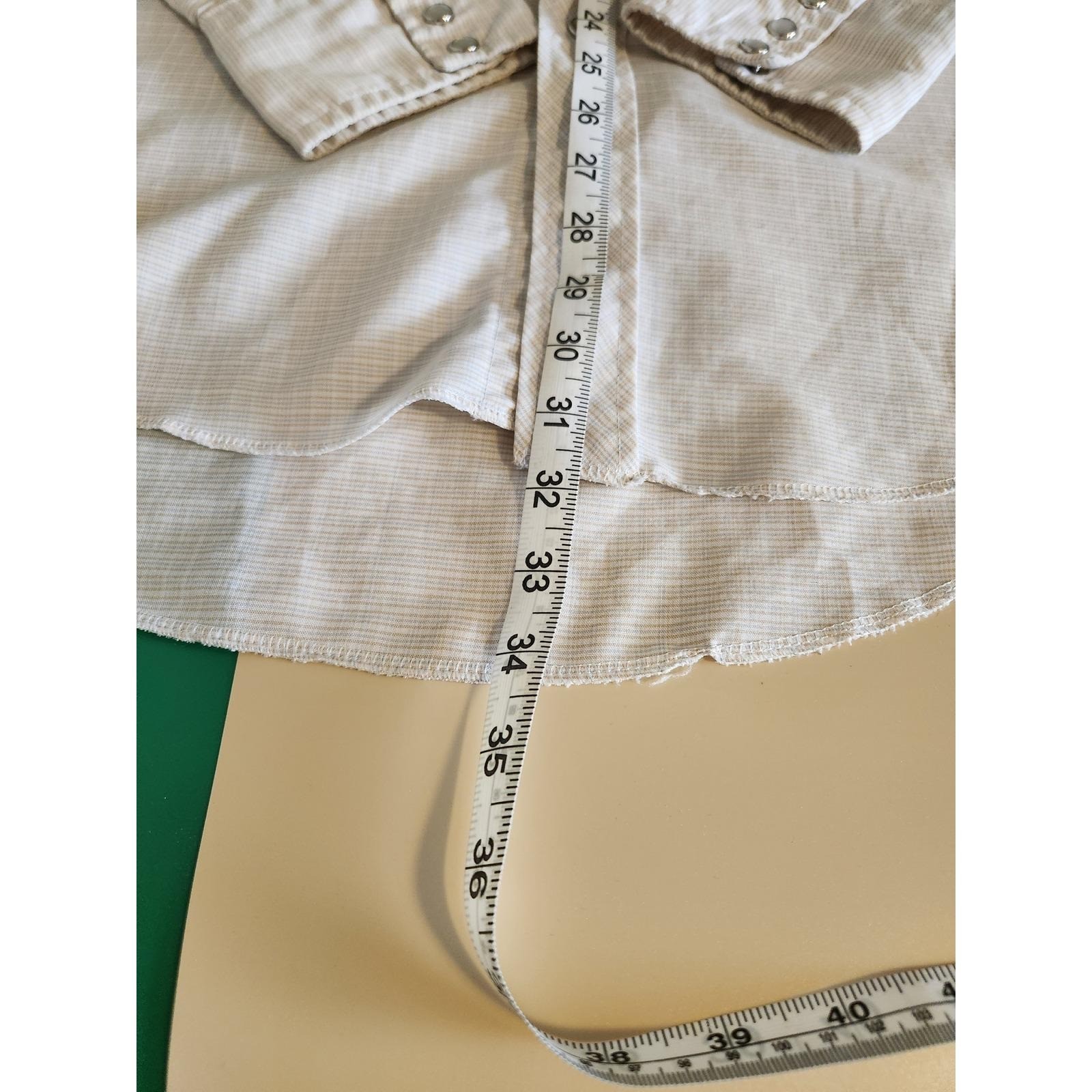 Wrangler Western Shirt Mens 16.5×36 Tan Stripe Pearl Snap Long Tail Made in USA