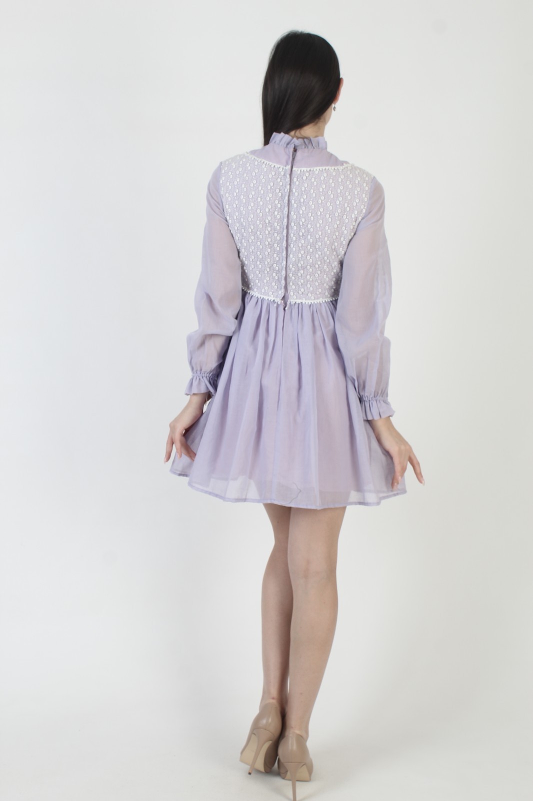 Vtg Purple High Waist Dress White Crochet Mod Scooter Pastel Violet Micro Mini
