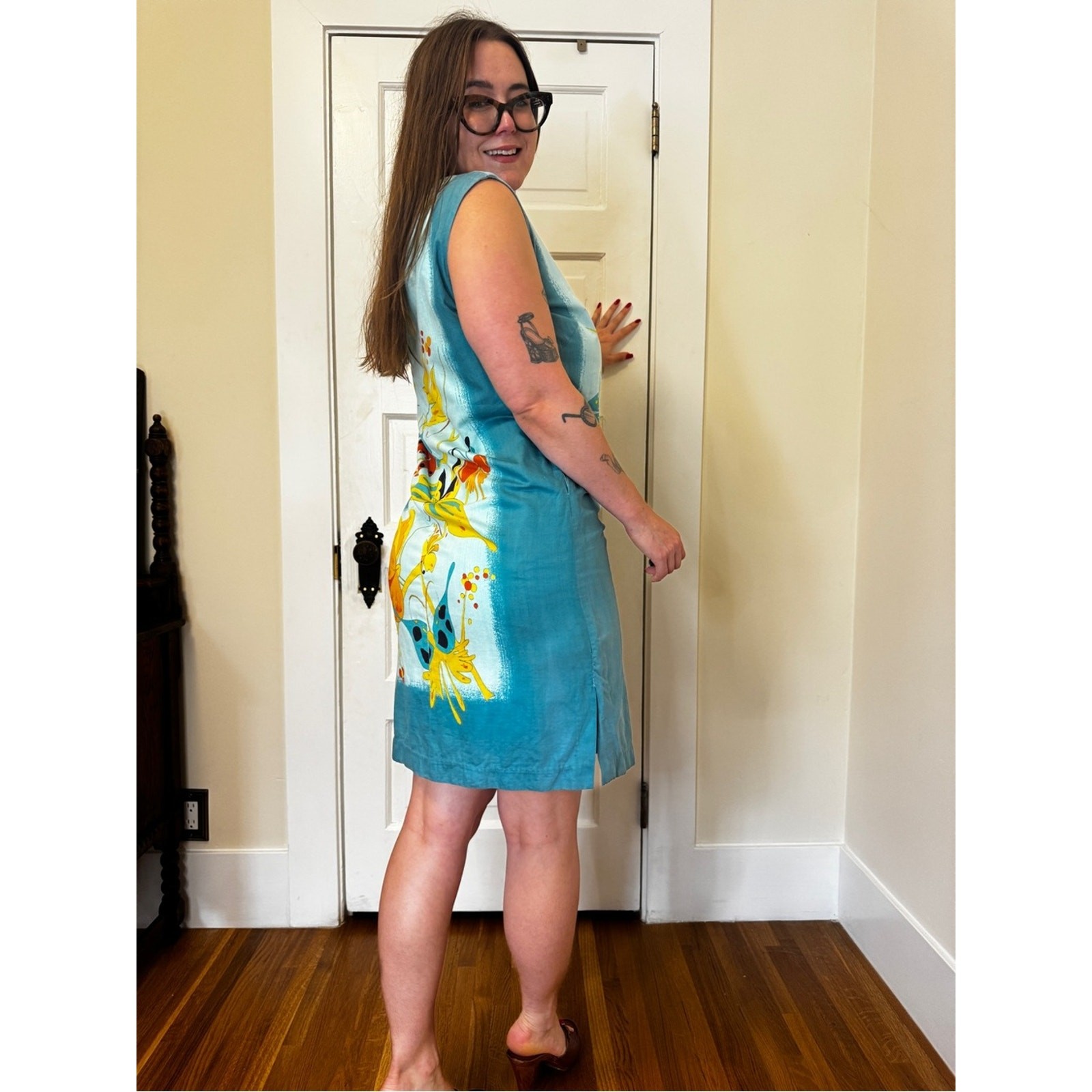 60s Vintage Alice Polynesian Blue Butterfly Shift Dress Sz Large