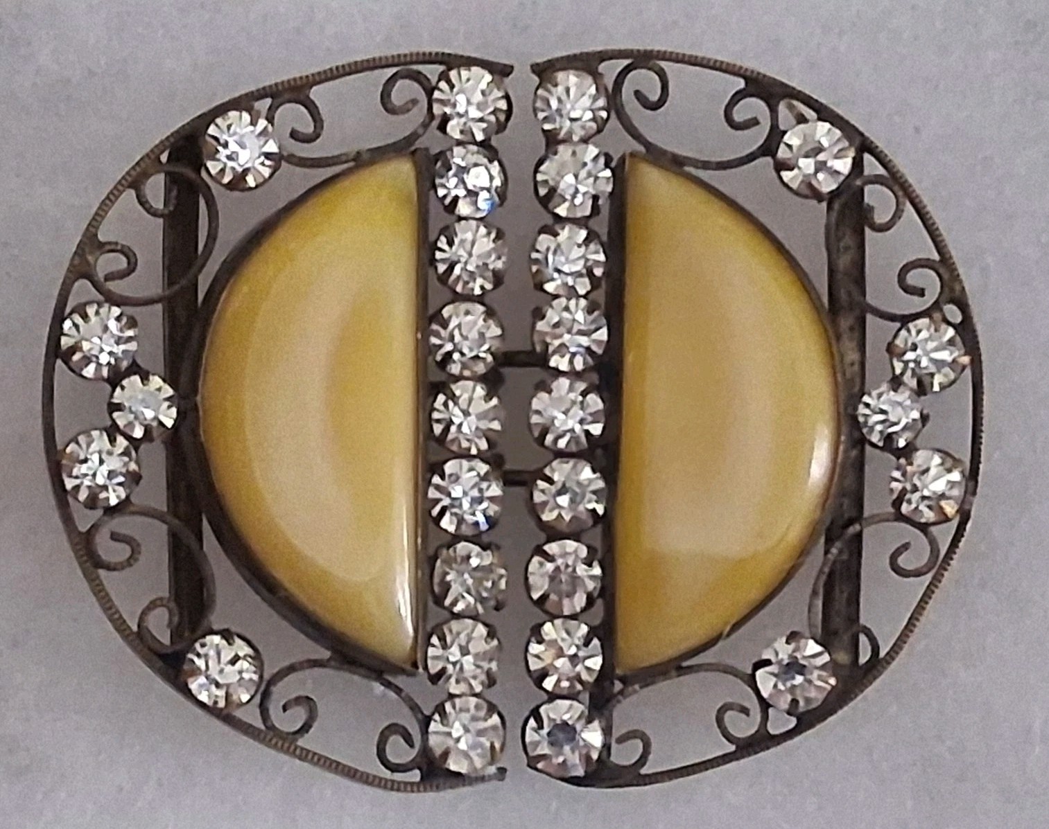 Antique Czechoslovakia belt buckle, yellow bohemian glass & crystals, filigree