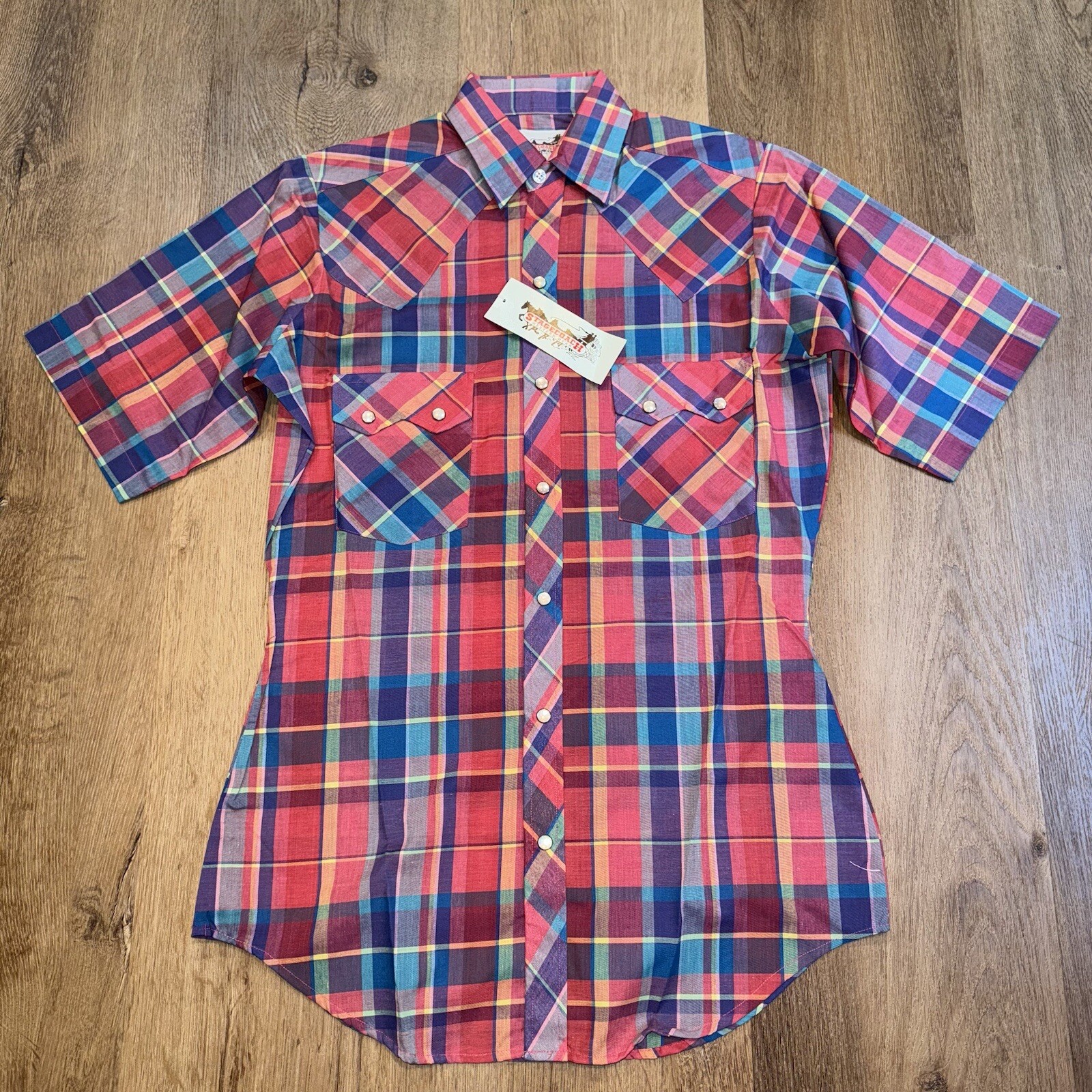 Vtg 70s Stagecoach Shirt Western Plaid Pearl Snap Deadstock NOS New Mens Small