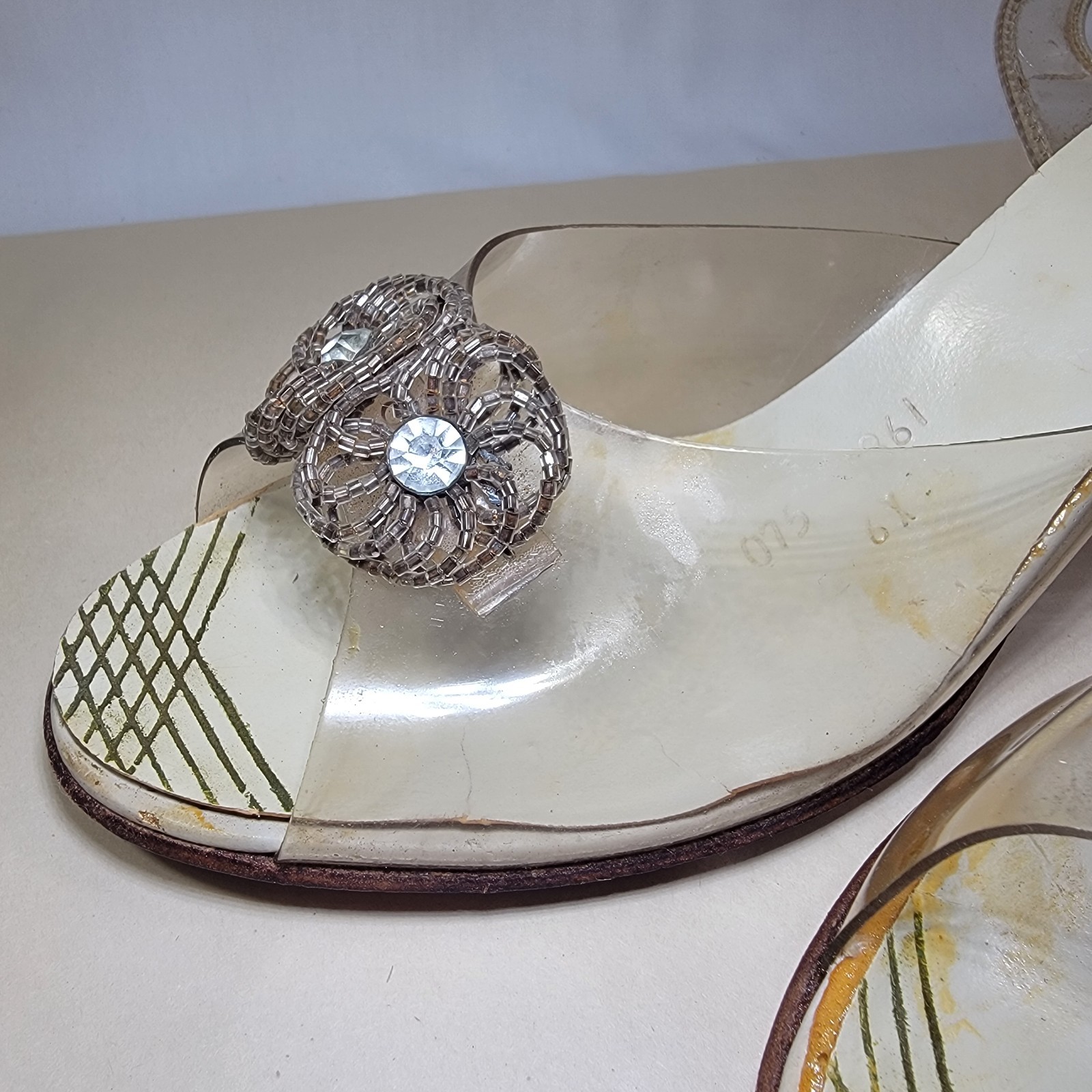 Vtg 1950s Carved Lucite & Rhinestone Heels on Clear Lloyd/Haig Shoes Sandals Sz6