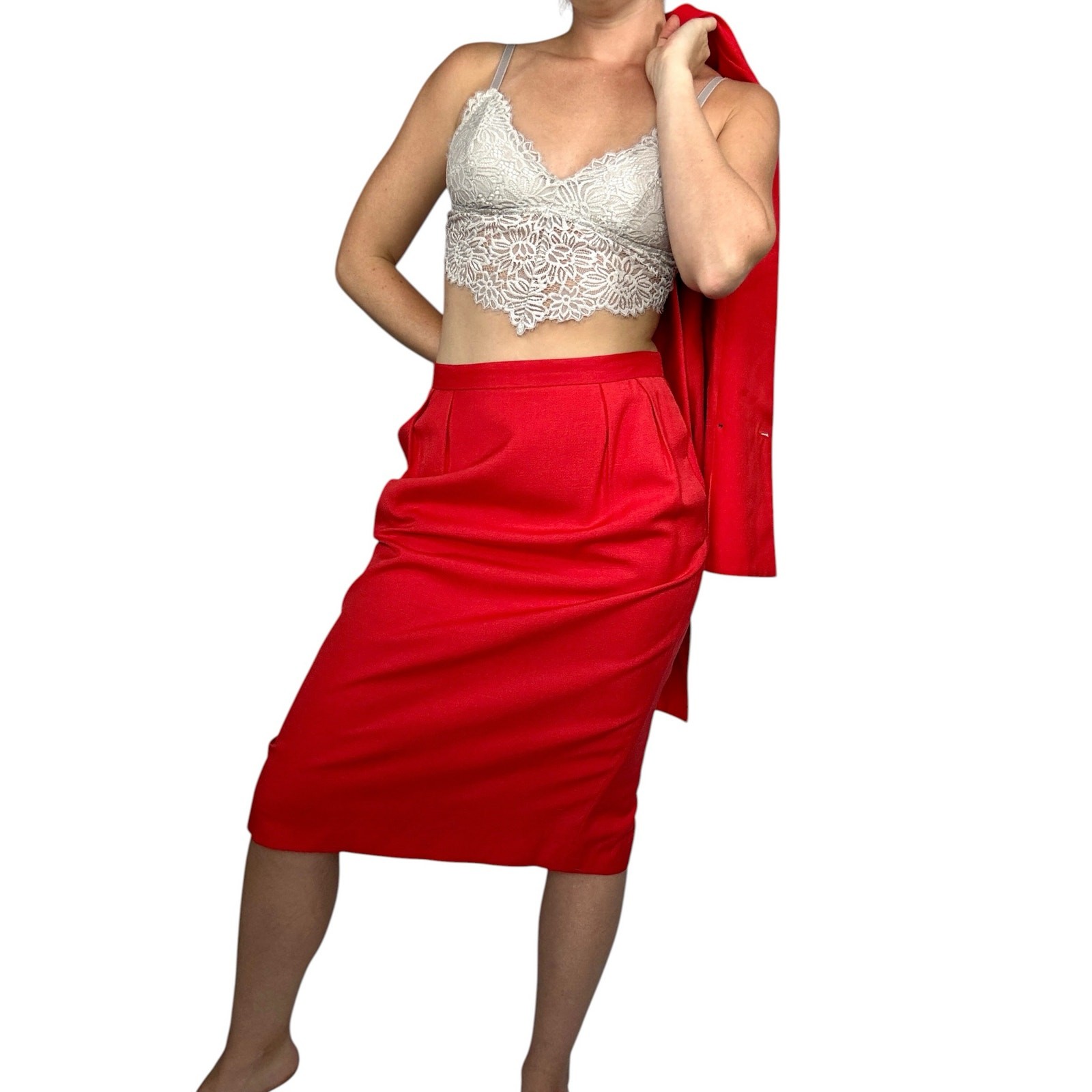 Vintage Christian Dior The Suit Red Rayon Skirt Suit Set 1990s Double Breasted