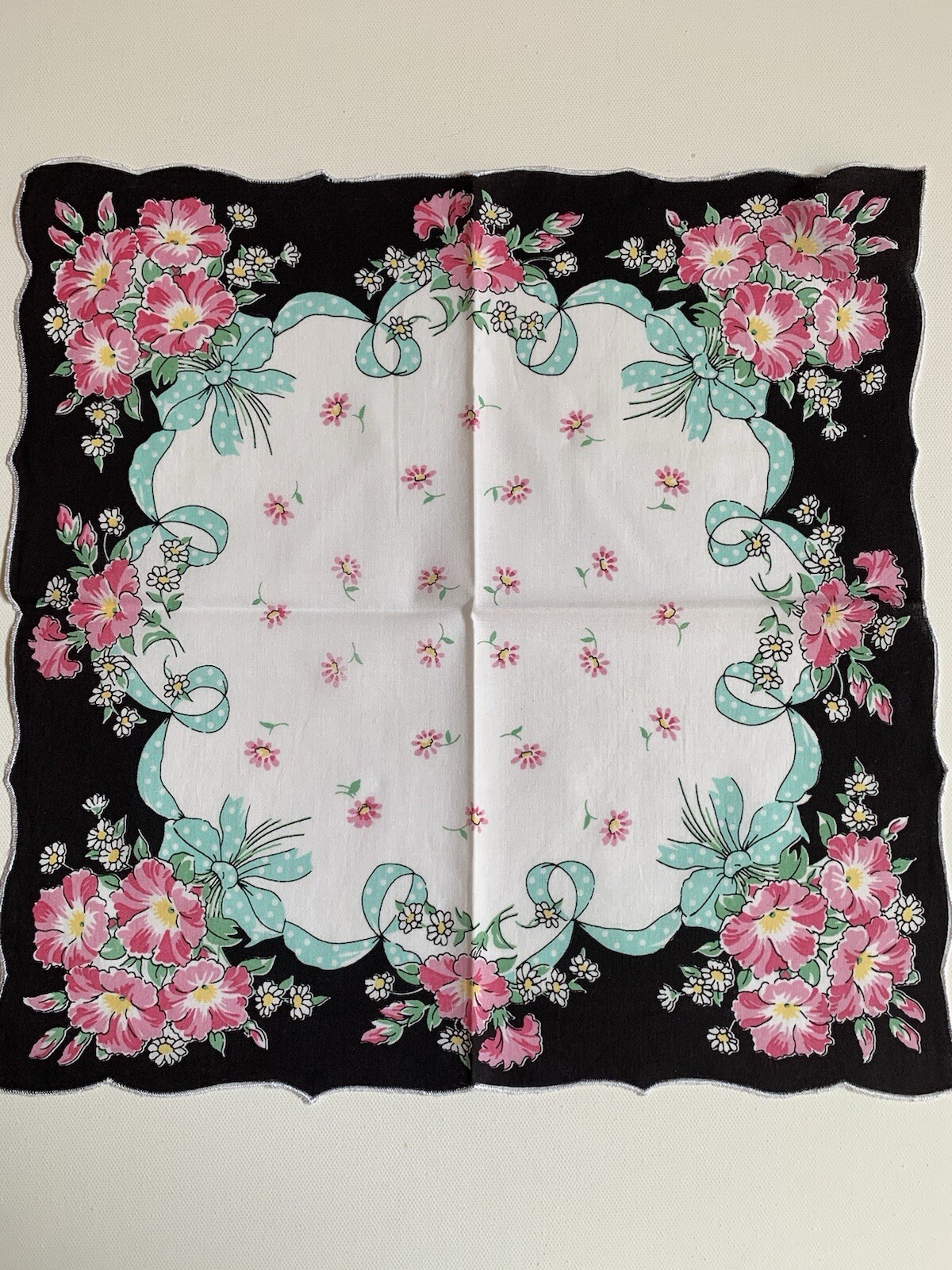 Beautiful New Black Floral Handkerchief ~ Darling Polka Dot Ribbon LuRay Hankie!