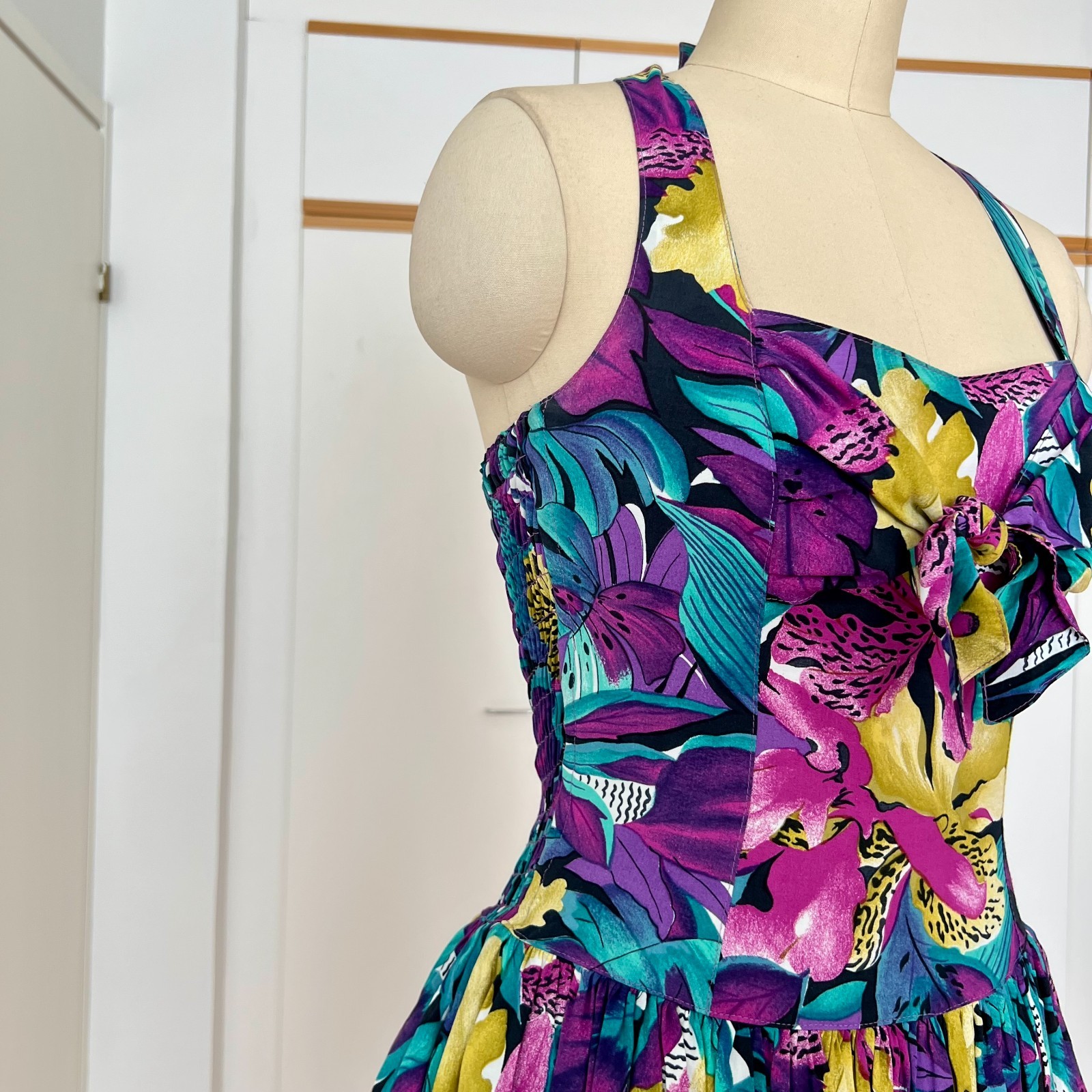 1980s West German Tropical Print Halter Neck Midi Dress Rockabilly 80s Does 50s