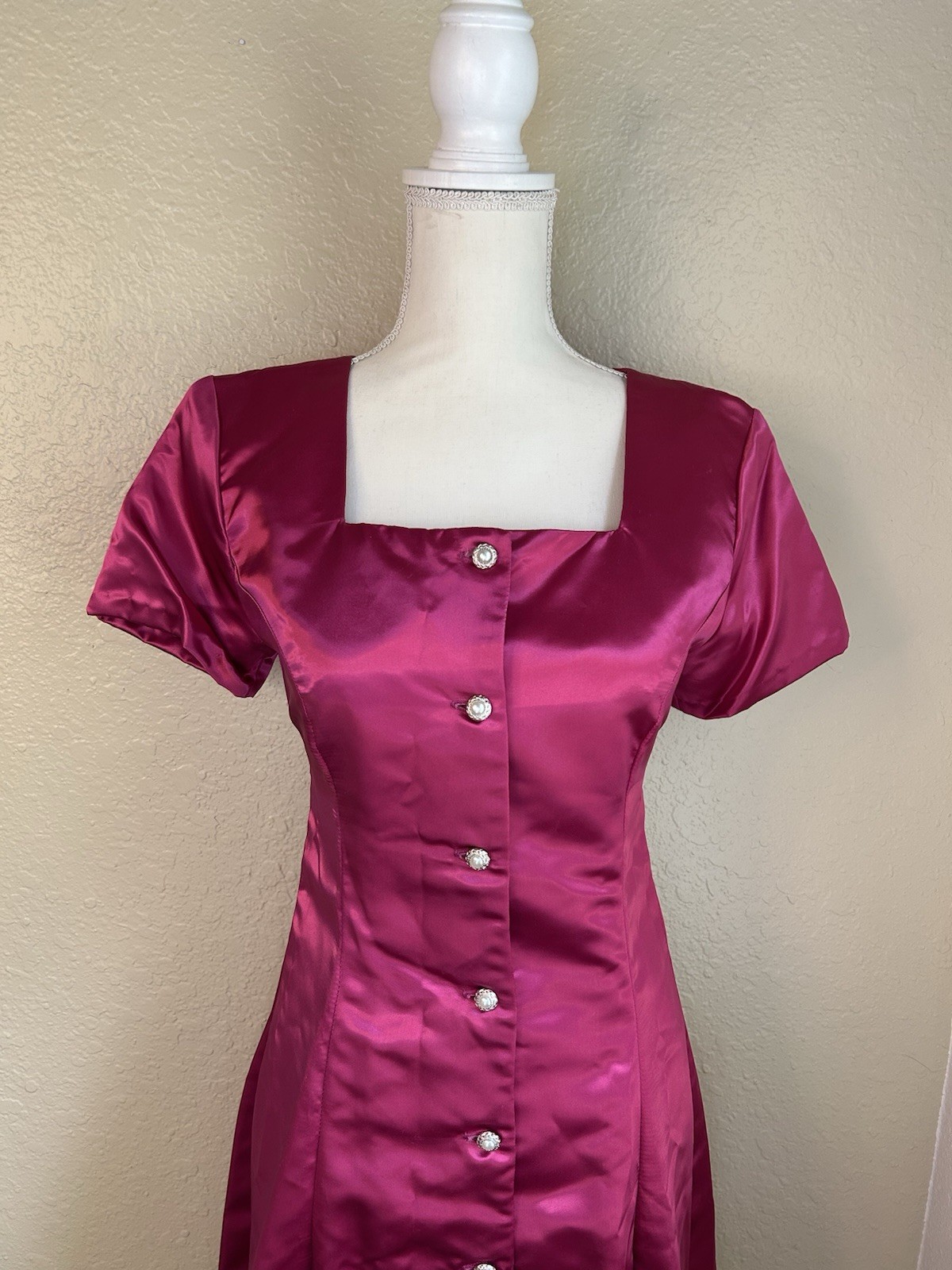 Vintage Handmade Fuschia Satin 1960s Midi Dress With Adjustable Bow Tie Cinch