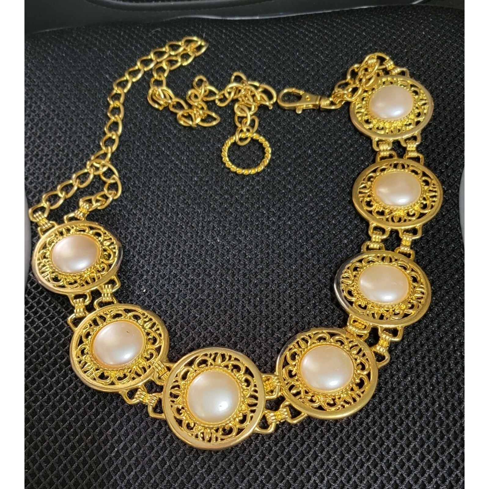 Vintage Harwill NY Ornate Faux Pearl & Gold-tone Adjustable Belt, 1980s Runway