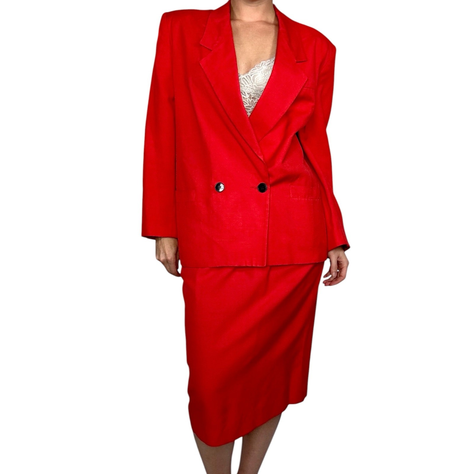 Vintage Christian Dior The Suit Red Rayon Skirt Suit Set 1990s Double Breasted