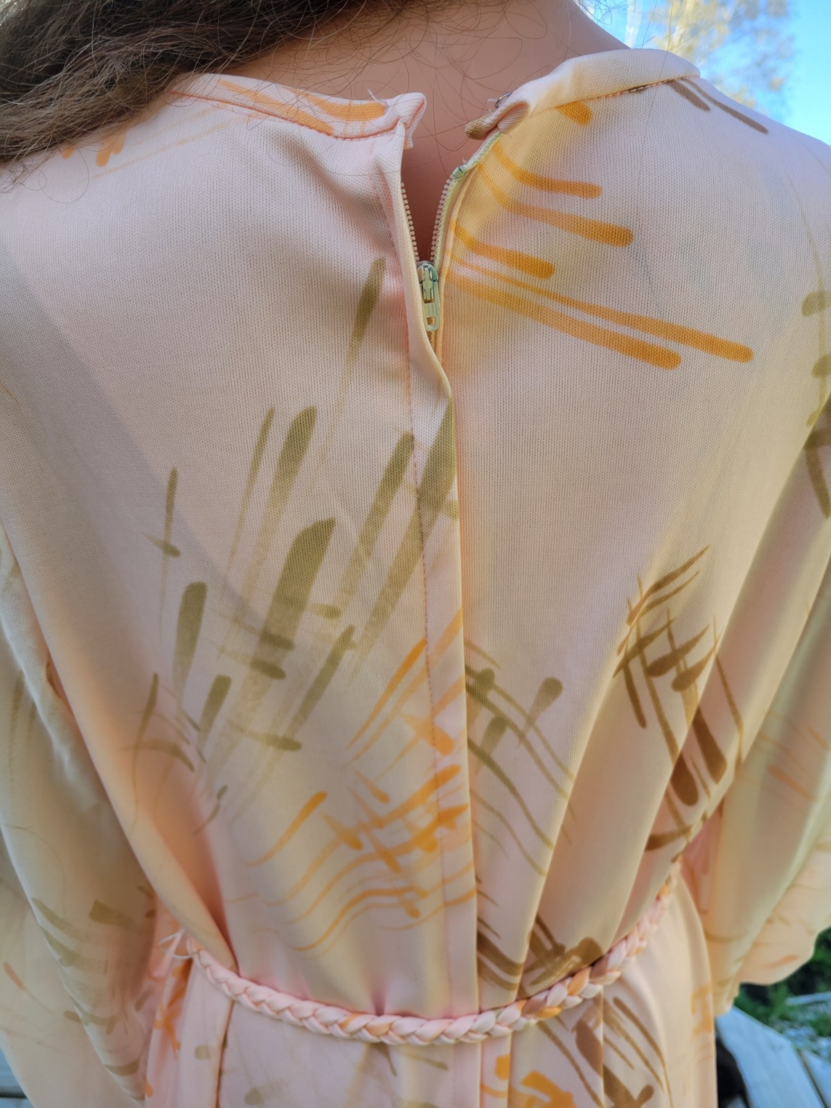 Vintage 70s Abstract Print Midi Dress Pink Peach Sheer Long Sleeve Braided Belt
