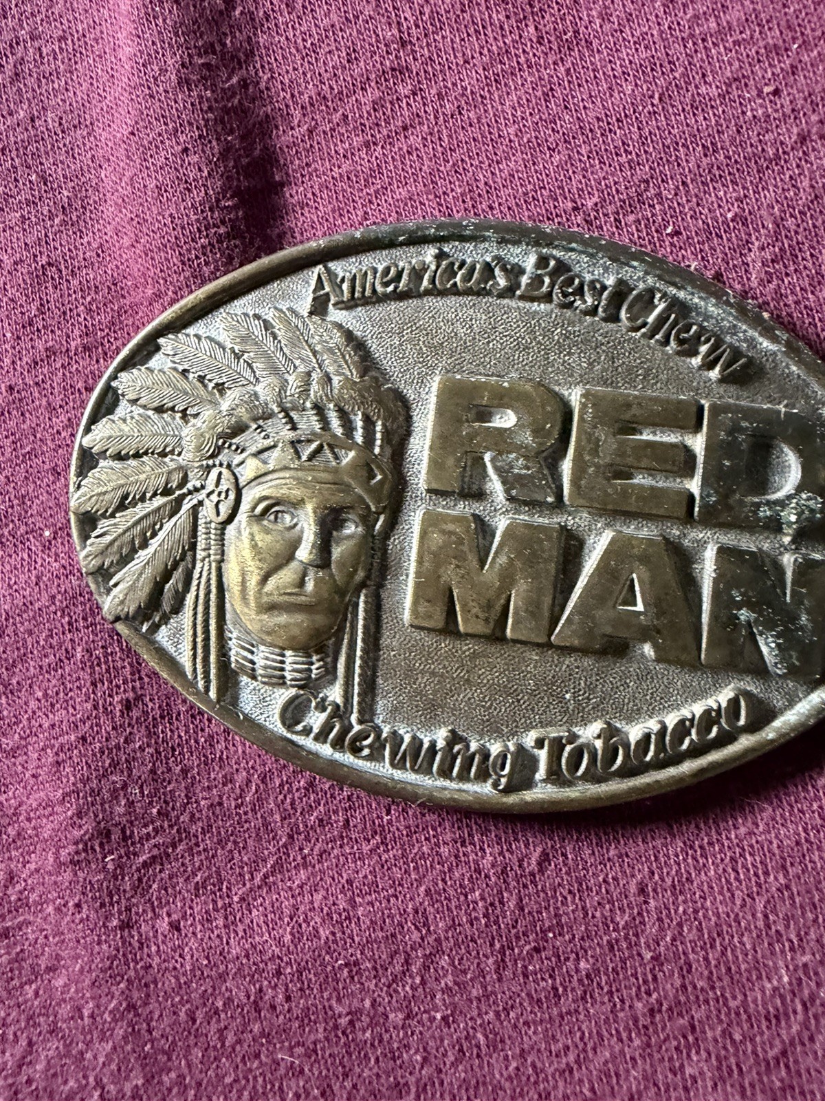 Vintage RED MAN Chewing Tobacco Belt Buckle 1988 Pinkerton Co. Brass Bronze !!!!