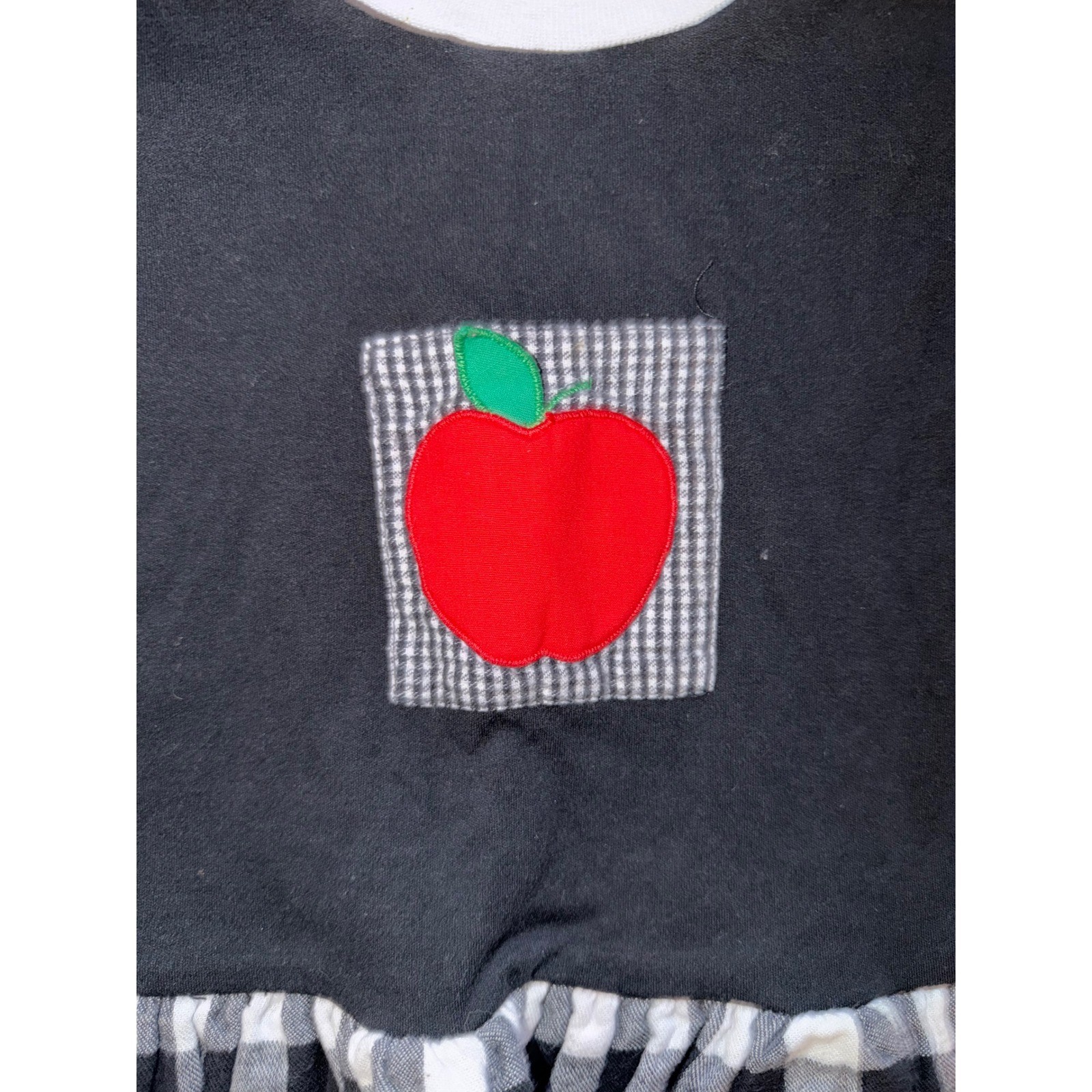 Vintage girls Black Buffalo Check Apple Applique Long Sleeve Dress Schoolhouse
